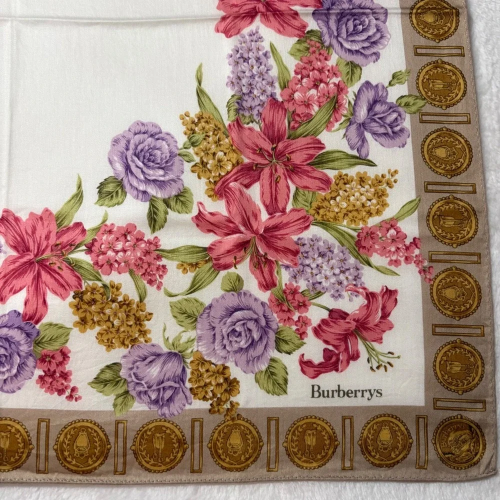 Vtg BURBERRYS Scarf Handkerchief Floral Ivory Tan Pink Purple 19